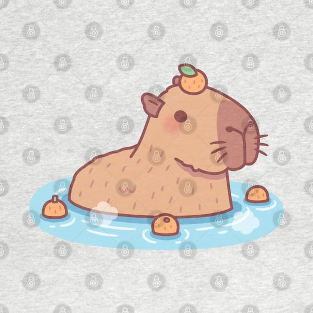 Cute Capybara With Orange On Head Chilling In Hot Spring by rustydoodle